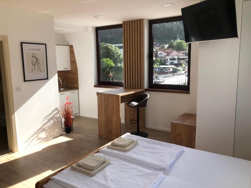 Studio layout showing bed, compact kitchenette, and wide windows over the town and hills.